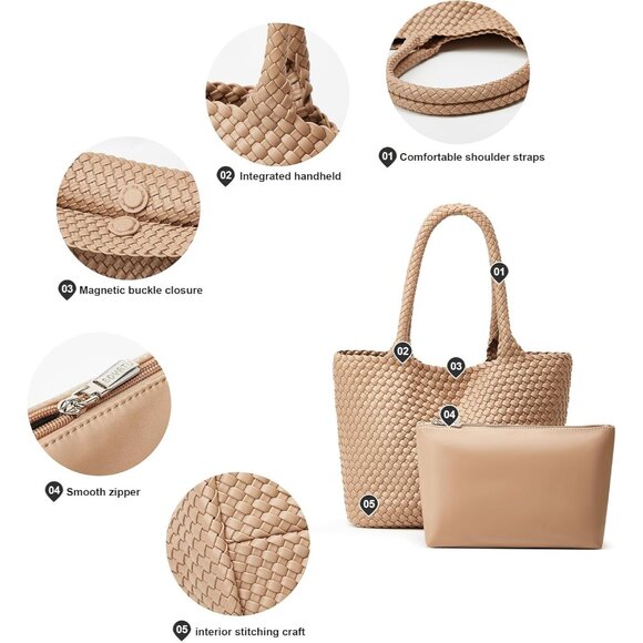 Handmade Woven Tote for Women - Elegant Khaki Beach Bag with Magnetic Closure - Picture 4 of 9